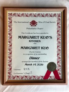 Framed award for 2026 from International Wine and Food Society Margaret Kuo's Kitchen
