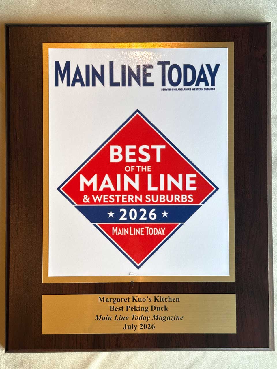 Award plaque for Best of Main Line 2026 Peking Duck, Margaret Kuo's Kitchen in Media PA