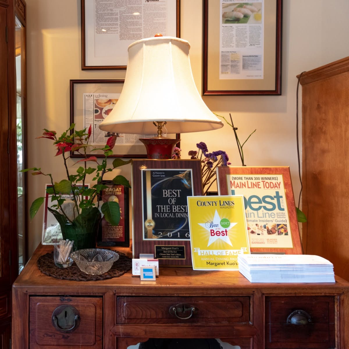 Awards on a desk at Mandarin, a Margaret Kuo Restaurant previously located in Malvern, PA