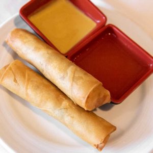 Delicious spring rolls on a plate complimented with dipping sauce at the top Chinese restaurant in Media, PA